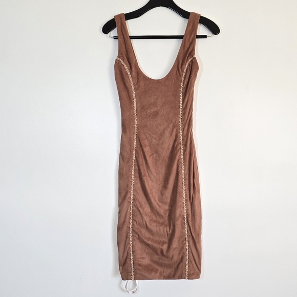 House Of CB Alanis Brown Faux Suede Fitted Midi Dress XS - Picture 4 of 12
